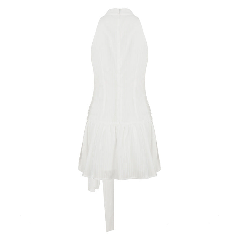 Womens Halter Neck Sleeveless Dress with Lace Up Waist and Double Layer Flounced Skirt | noémi