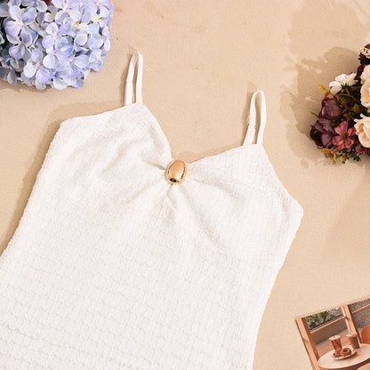 White Textured Knit Bodycon Dress | Slim Fit, Spaghetti Straps, 3D Fabric | noémi