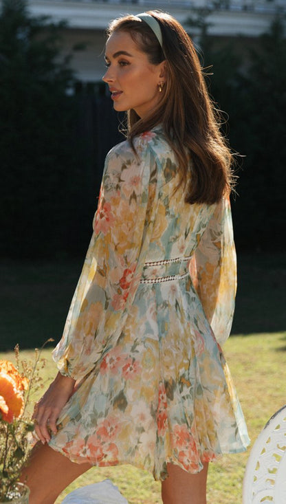 Floral V Neck Maxi Dress | Puff Sleeves, Lace Detail | noémi