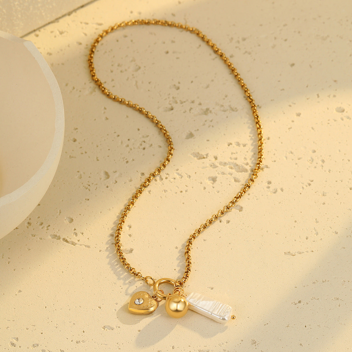 Gold Plated Stainless Steel Necklace & Bracelet Set | Pearl & Heart Charms, Diamond Accents | noémi