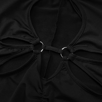 Womens V Neck Lace Up Short Sleeve Slim Fit Cutout Dress | noémi