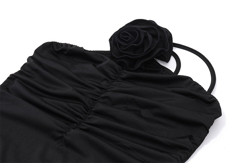 Ruched Black Maxi Dress | One Shoulder Floral Detail, Bodycon Fit | noémi