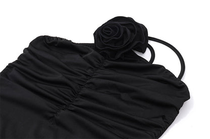 Ruched Black Maxi Dress | One Shoulder Floral Detail, Bodycon Fit | noémi