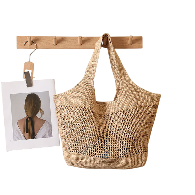 Raffia Straw Shoulder Tote Bag – Large Capacity, Hollow-Out Weave, Brown | noémi