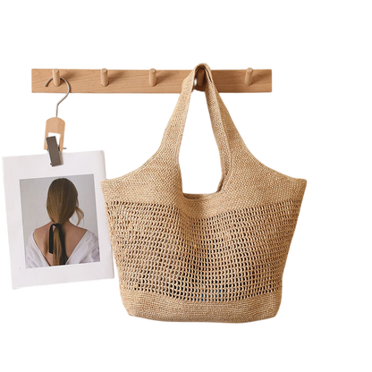 Raffia Straw Shoulder Tote Bag – Large Capacity, Hollow-Out Weave, Brown | noémi