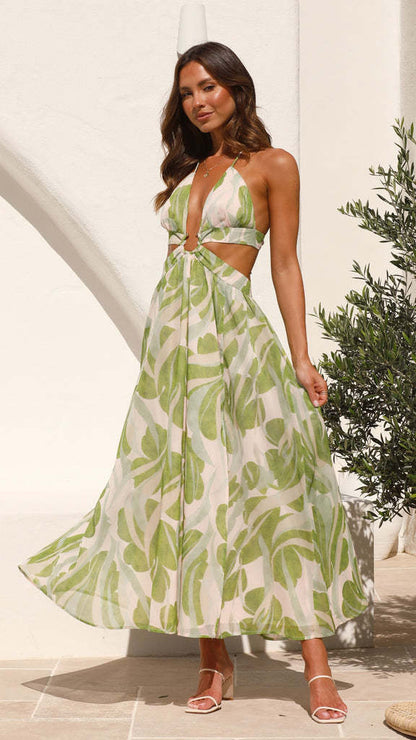 Womens V Neck Backless Maxi Dress with Leaf Print | noémi