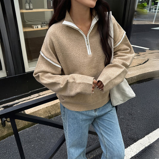 Zipper Sweater for Women | Casual Solid Color Long Sleeve Knit Pullover | noémi