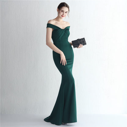 Satin Slim Off Shoulder Fishtail Gown | noémi