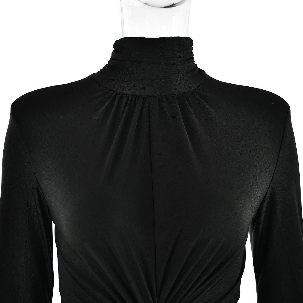 Womens Dress | Half High Collar Long Sleeves Backless Pleated Stitching | noémi