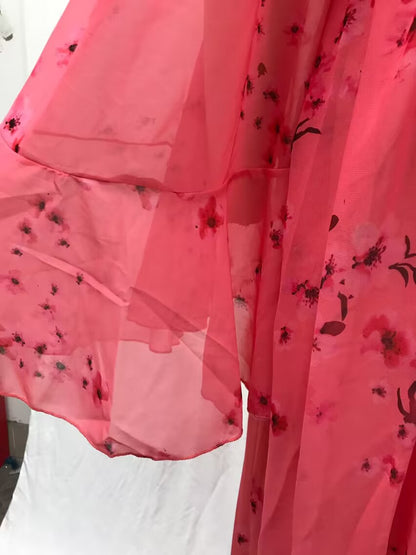 Printed Pleated Maxi Dress with Deep V Neck and Batwing Sleeves | noémi