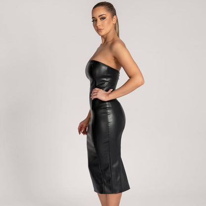 Faux Leather Midi Dress | Slim Fit Tube Top with Back Slit | noémi