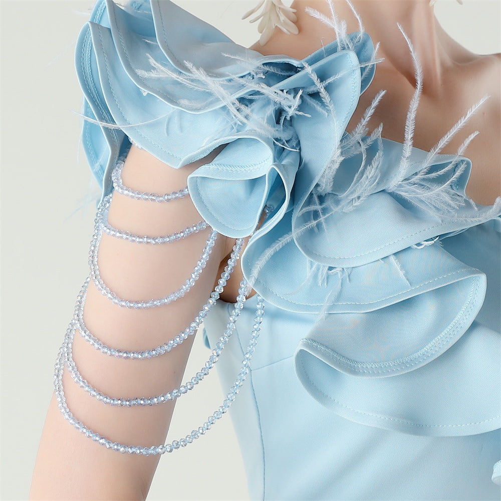 One Shoulder Floral Satin Gown | Beaded Ruffle High Slit | noémi