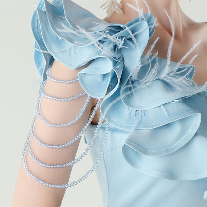 One Shoulder Floral Satin Gown | Beaded Ruffle High Slit | noémi