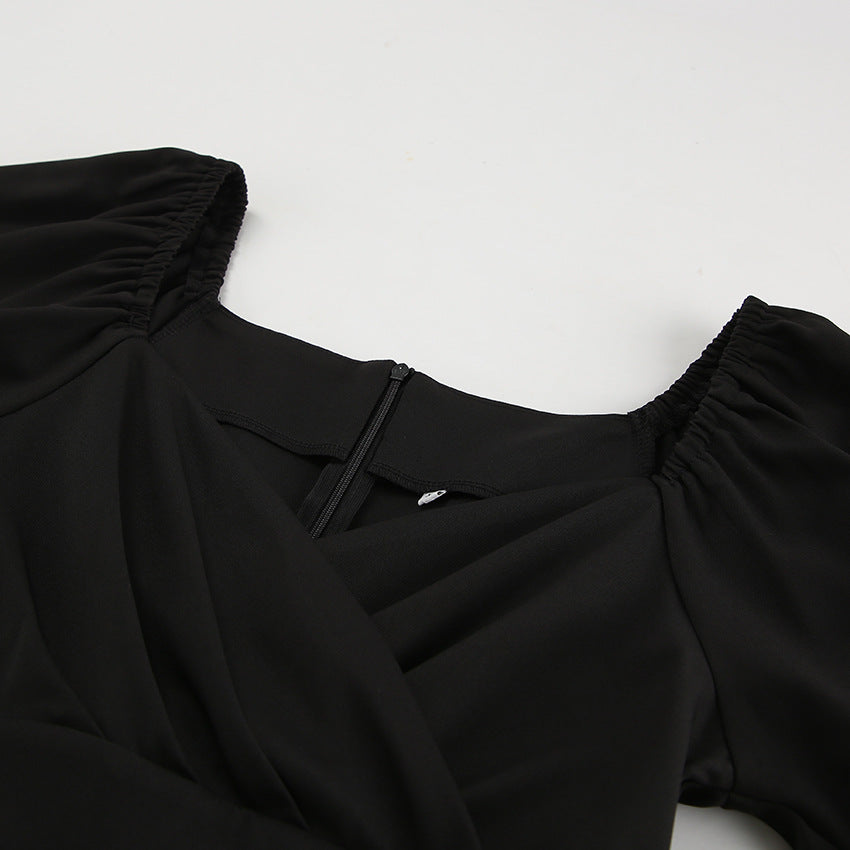 Long Sleeve V Neck Slim Fit Dress with Pleated Waist and Side Slit | noémi