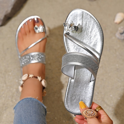 Women's Flat Sandals | Rhinestone Toe Ring & Metallic Strap | noémi