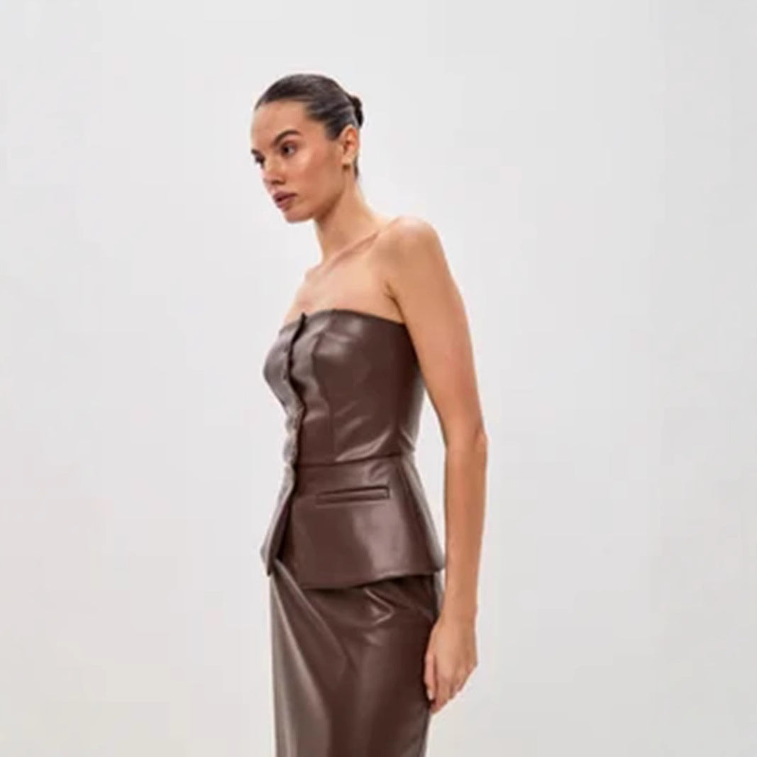 Faux Leather | Single Breasted | Strapless Tube Top | Cropped Vest | noémi