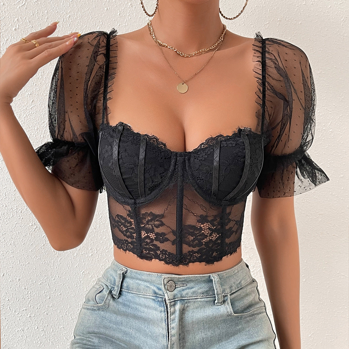 Mesh Lace Floral Puff Sleeve Crop Top | Sheer Outerwear for Women | noémi