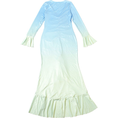 Ombré Ruched Mermaid Maxi Dress | Sky Blue to Mint Gradient with Fluted Sleeves | noémi