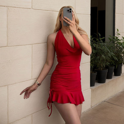 Red Halter Dress | Slim Fit V Neck Mini Dress | noémi
