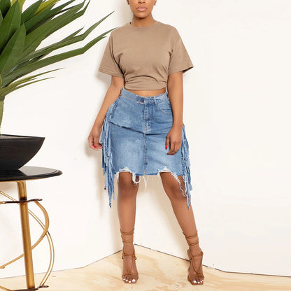Trendy Tassel Denim Skirt for Women | Distressed Washed Look | noémi