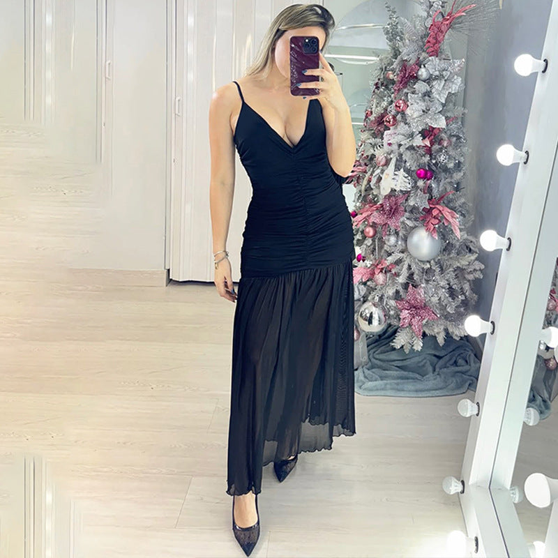 V Neck Mesh Stitch Pleated Dress with Slim Fit and Strap Detail | noémi