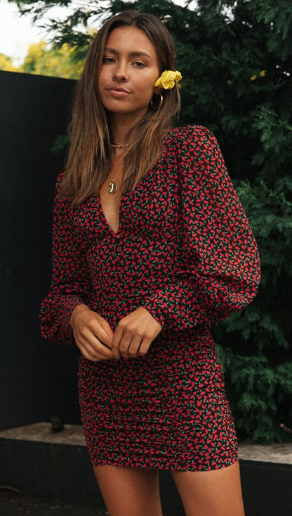 Floral V Neck Pleated Mini Dress | Lantern Sleeves, Boho Print | noémi