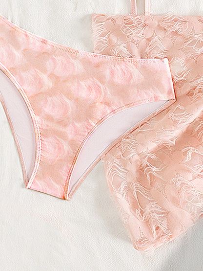 Pink High Sense Halter Swimsuit with Wrap Skirt Cover Up | Three Piece Lace Bikini Set | noémi