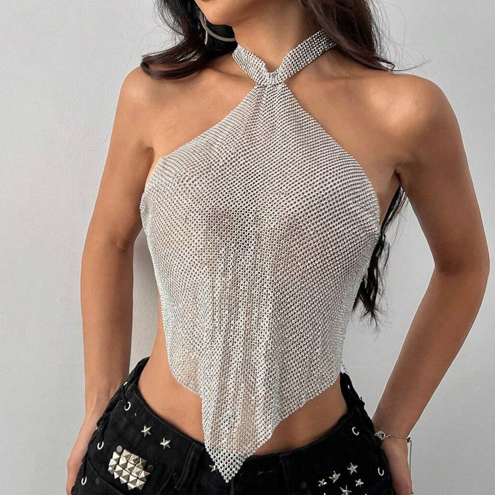 Womens Rhinestone Halter Top | Sparkly Backless Crop Top, Silver Chain | noémi