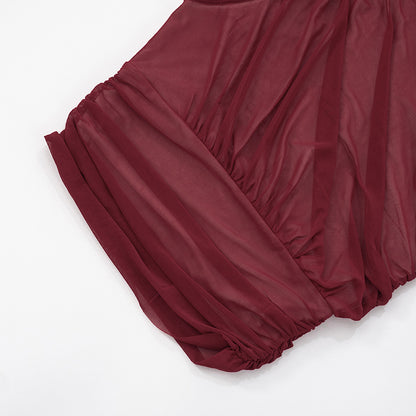 Womens One Shoulder Mesh Pleated Crop Top | Ruched Bodycon Fit, Cinched Waist | noémi