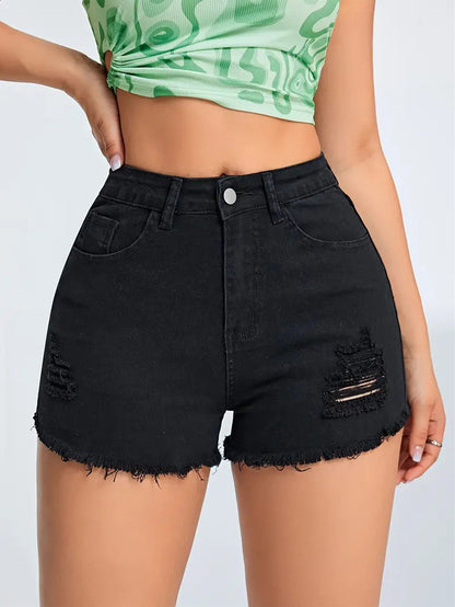 Black Ripped Denim Shorts |  Figure Flattering, Multi Craft Detail | noémi
