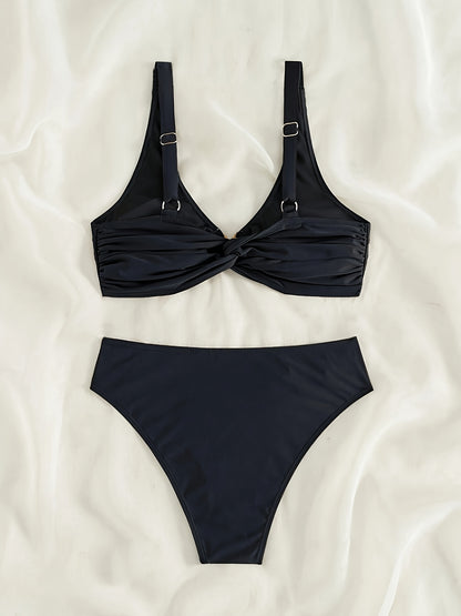 Solid Color Two Piece Bikini Set with Strap Detail for Women | noémi