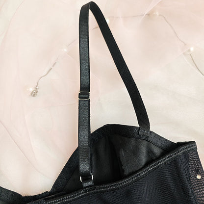 Black Studded Mesh Corset Top | Bustier Crop Top with Rhinestone Detail & Adjustable Straps | noémi