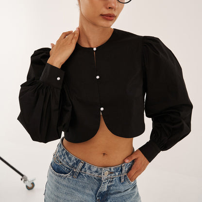 Cotton Cropped Cardigan | Puff Sleeve, Round Neck, Button Front Top for Women | noémi