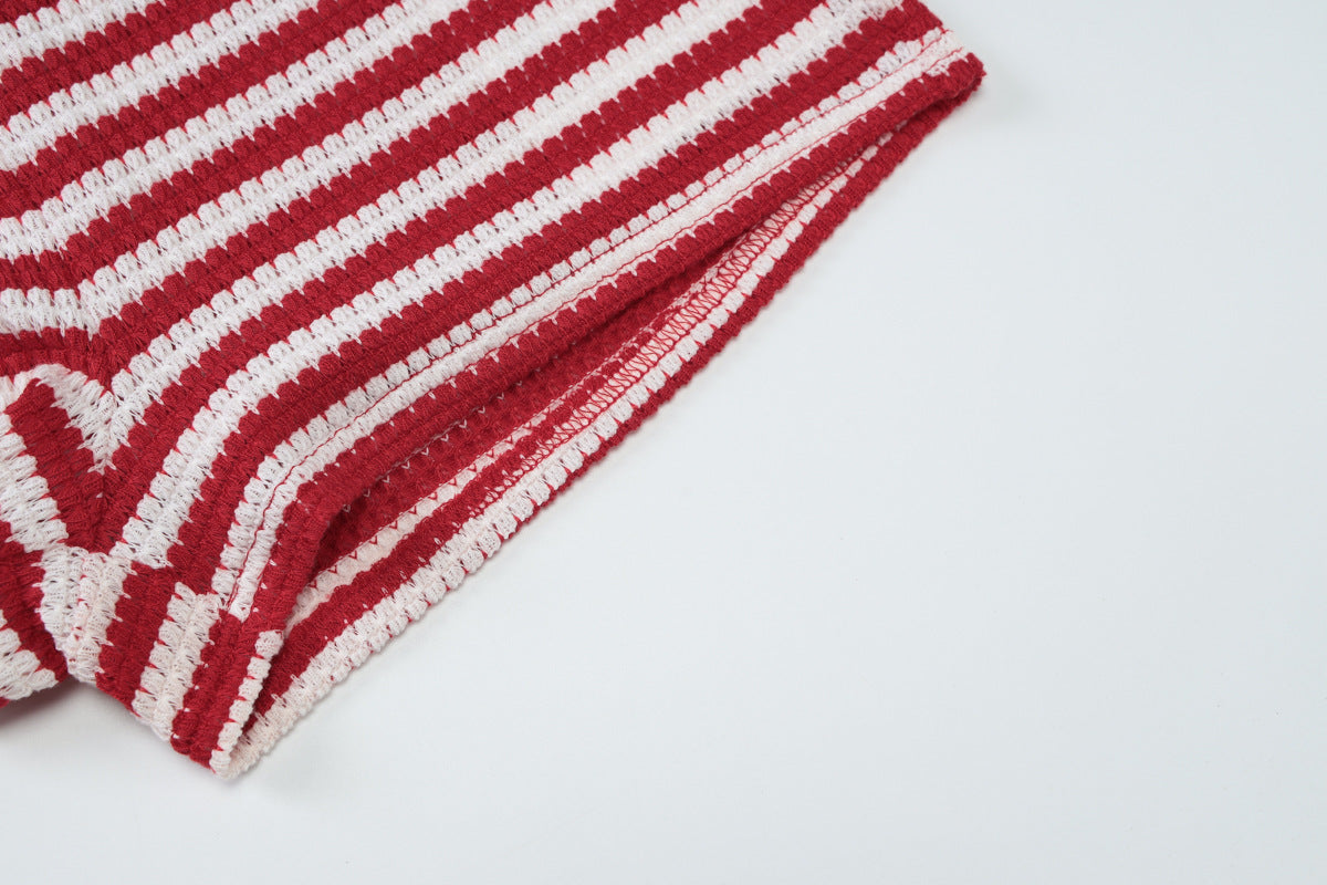 Striped Knit Two Piece Set | Sleeveless Crop Top Slim Fit Shorts | noémi