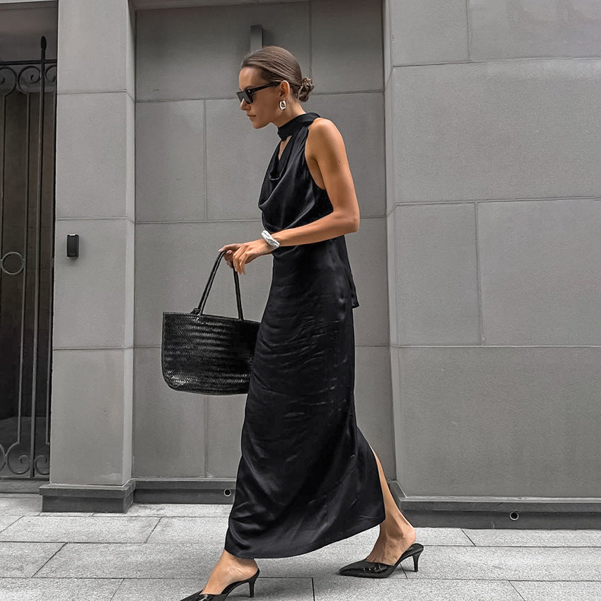 Black Off Shoulder Satin Dress | Swing Skirt Self Tie Waist | noémi