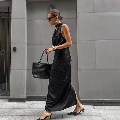 Black Off Shoulder Satin Dress | Swing Skirt Self Tie Waist | noémi