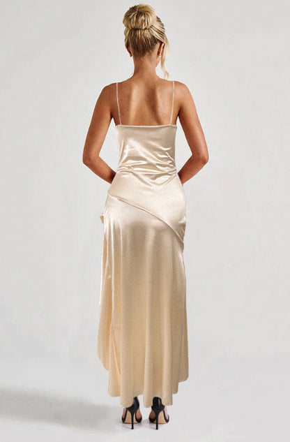 Womens Satin High Slit Formal Dress | Sleeveless Backless Spaghetti Strap Gown, Slim Fit | noémi