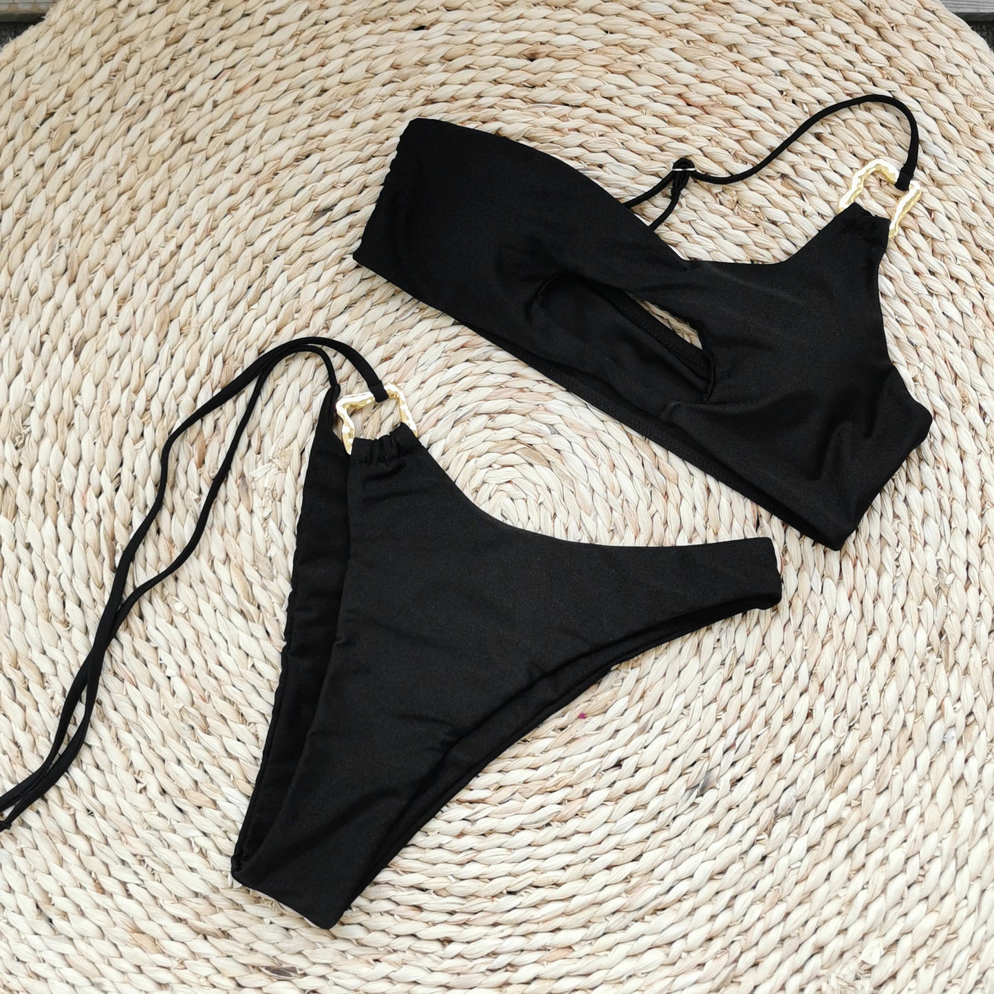 One Shoulder Triangle Bikini Set with Cutout Detail in Pure Black | noémi