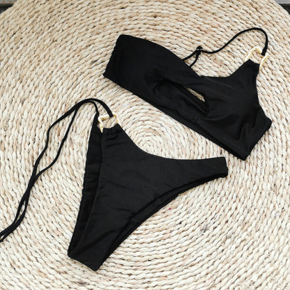 One Shoulder Triangle Bikini Set with Cutout Detail in Pure Black | noémi