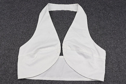 Halter Crop Top | V Neck, Backless, Ring Detail, White Beachwear Vest | noémi
