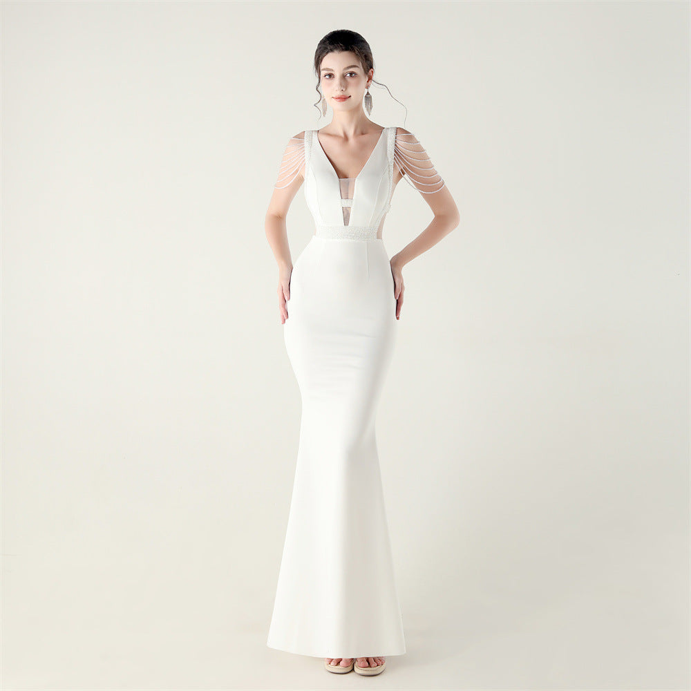 Deep V Plunge Beaded Evening Dress | Slim Fit Gown | noémi