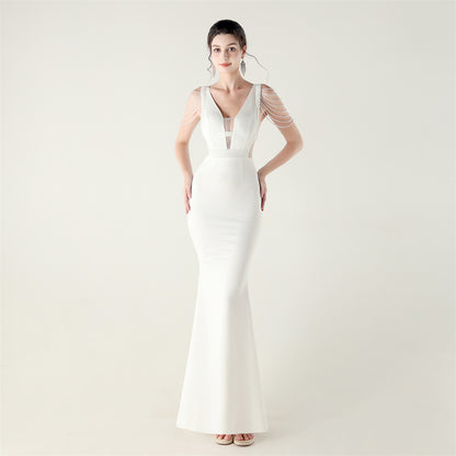 Deep V Plunge Beaded Evening Dress | Slim Fit Gown | noémi