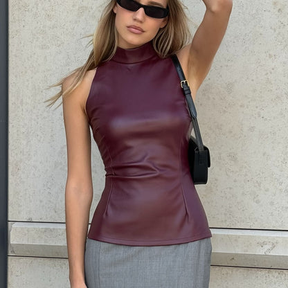 Womens Faux Leather Sleeveless Vest | Slim Fit Half Turtleneck Top | noémi