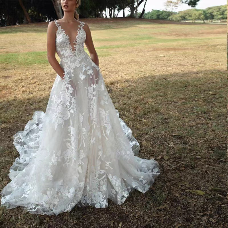 Lace Bridal Gown | Deep V Neck A Line Wedding Dress with 3D Floral Appliqué | noémi