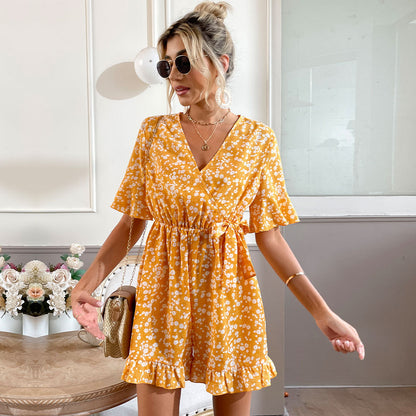 Women’s V Neck Bell Sleeve Romper | Floral LaceUp, One Piece | noémi