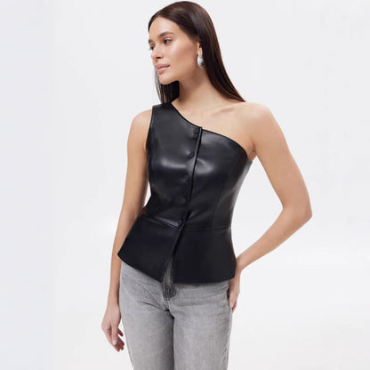 Womens Faux Leather Single Breasted Off Shoulder Vest | noémi