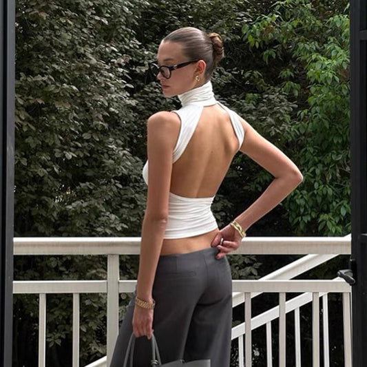 Backless Turtleneck Sleeveless Top | White Summer Halter Style | noémi