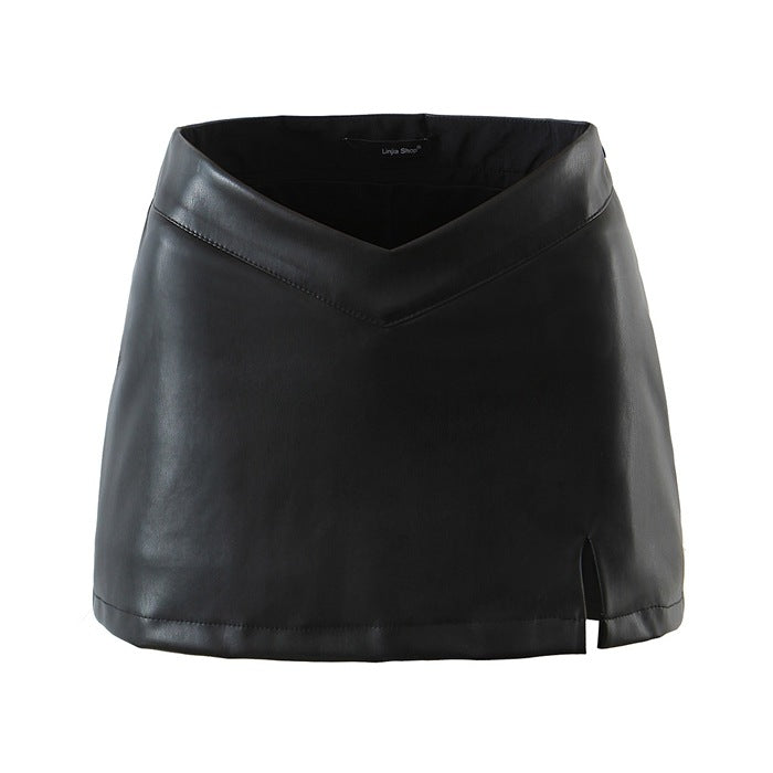 Faux Leather Mini Skirt | Black HighWaist Fit with Side Slit | noémi
