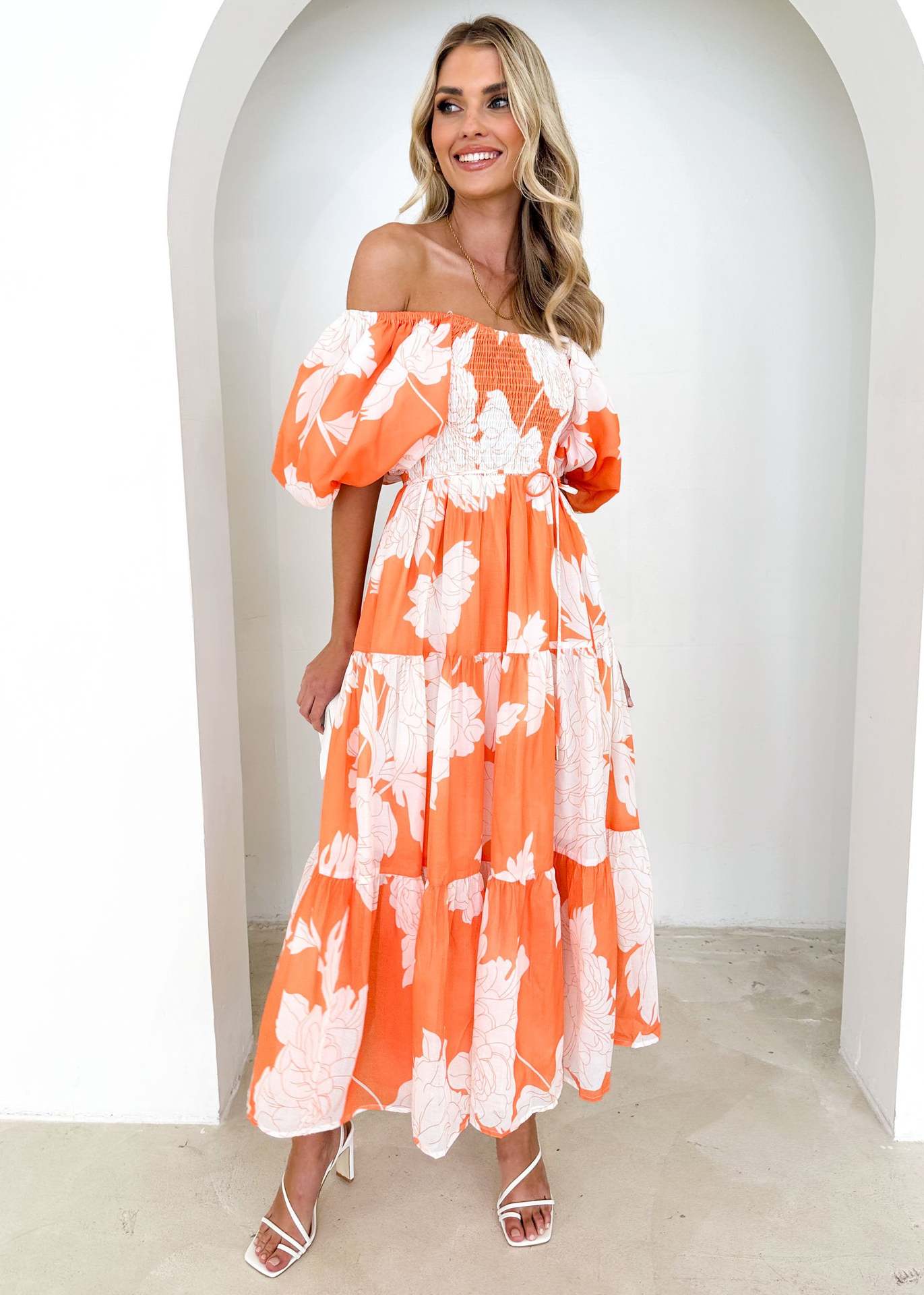 Off Shoulder Floral Puff Sleeve Midi Dress | Lightweight & Flowy | noémi