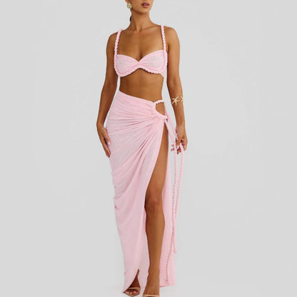 Women’s Two Piece Summer Beach Set | Woven Halter Crop Top & High Slit Skirt | noémi